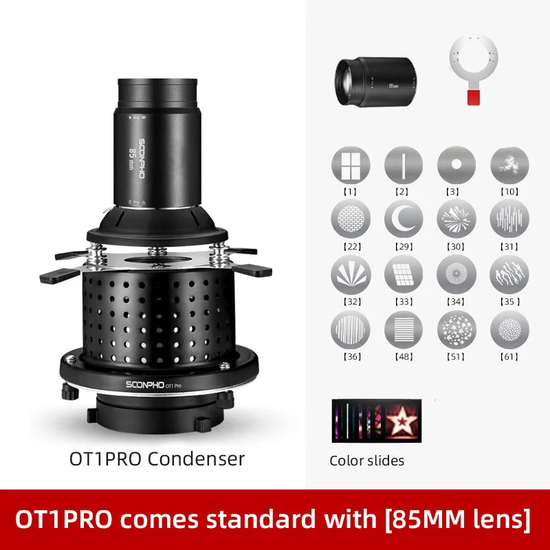 Soonpho OT1 PRO Bowens Mount Optical Snoot – 50mm/85mm/150mm Lenses for Graphic Art Effects, Godox Lighting Flash