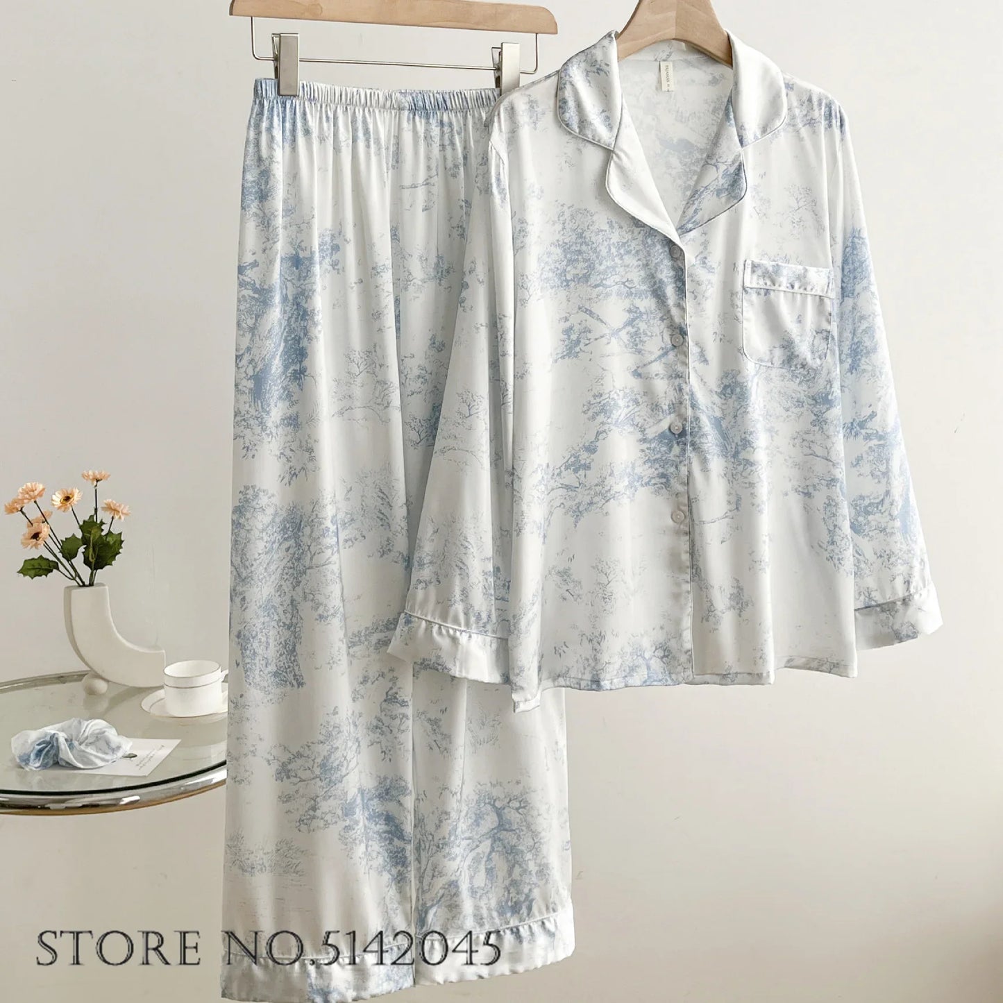 Fashion Floral Print Satin Pajamas Set for Women – Spring Summer Loose Sleepwear Loungewear Homewear Suit