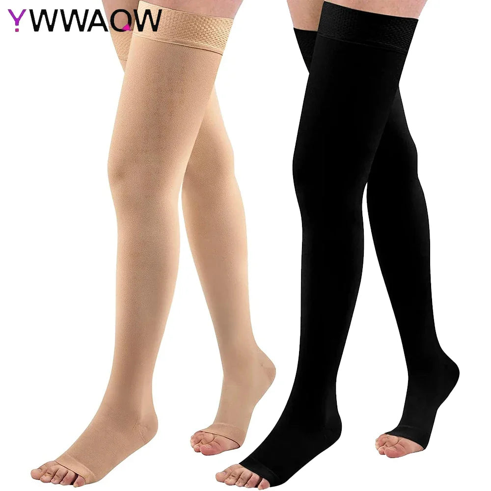 Thigh High 20-32 mmHg Toeless Compression Socks – Circulation Support for Men & Women with Silicone Dot Band