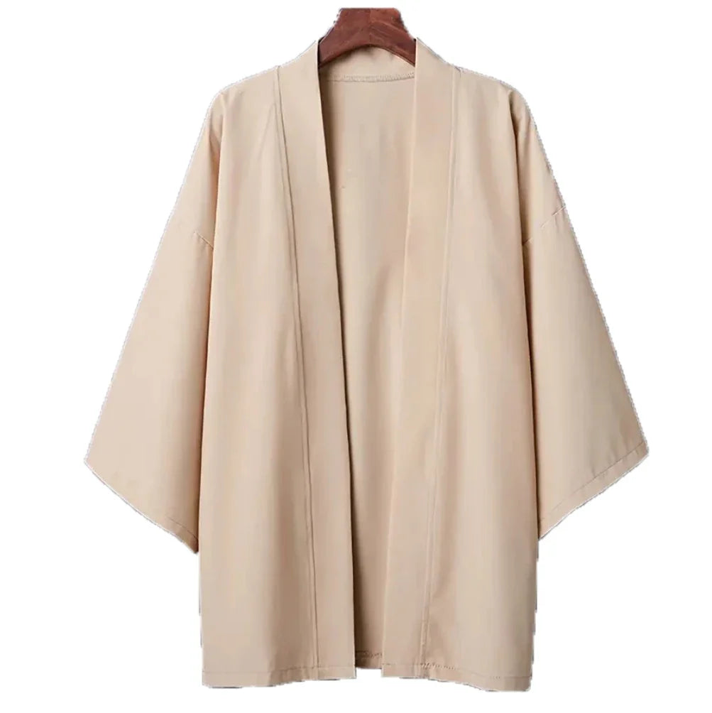 Men’s Casual Open Stitch Shirt - Lightweight Black Yukata Cardigan with 3/4 Sleeves for Summer Vacation