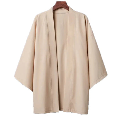 Men’s Casual Open Stitch Shirt - Lightweight Black Yukata Cardigan with 3/4 Sleeves for Summer Vacation