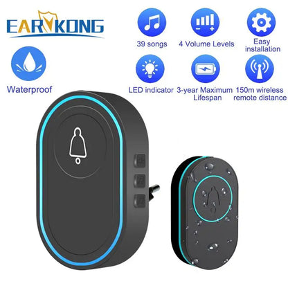 Intelligent Wireless Doorbell – Waterproof Smart Doorbell with 300m Remote Range, EU/UK/US Plug Options, Home Welcome Chime