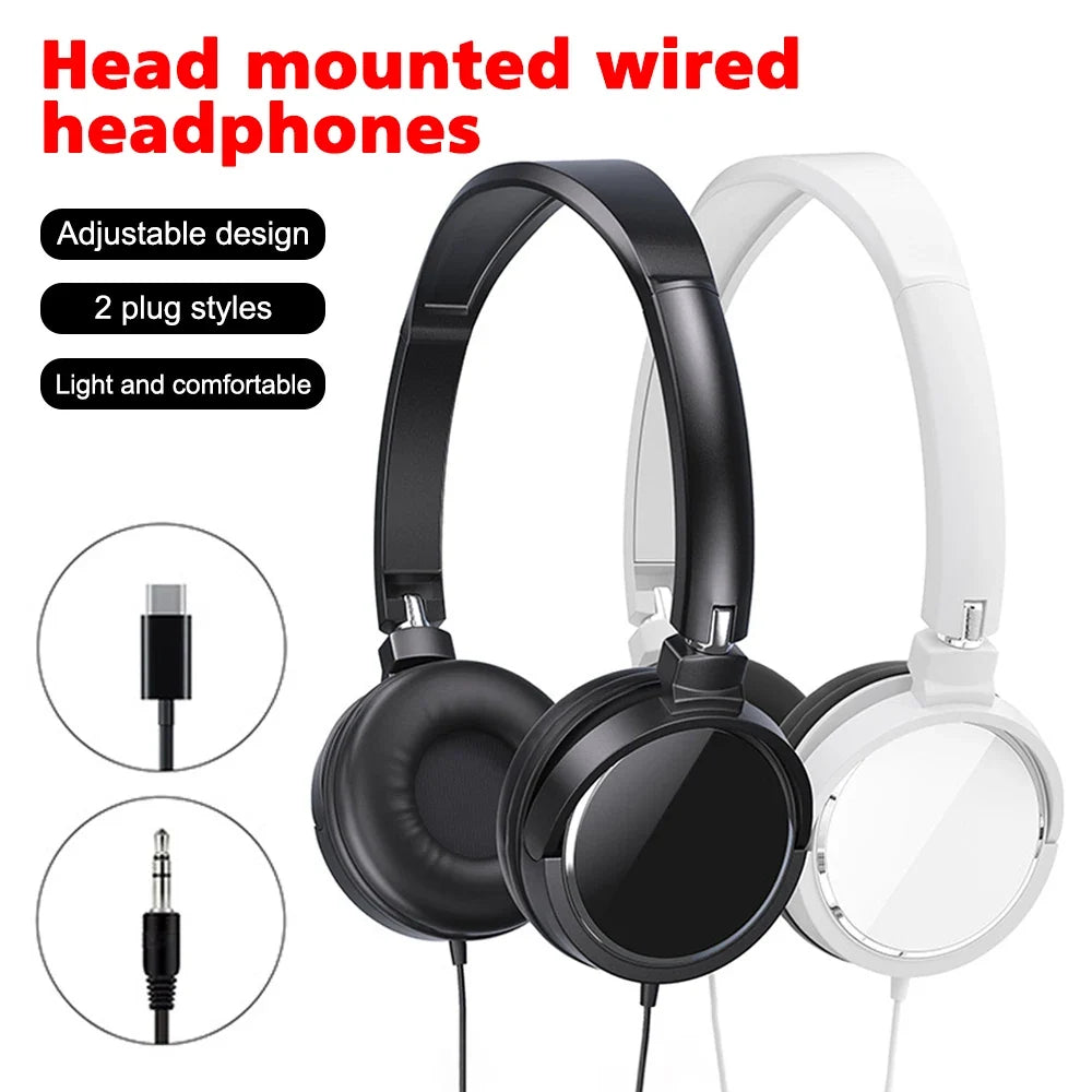 3.5mm & Type-C Wired Headphones - Foldable Stereo Headset with Bass & Noise Cancellation