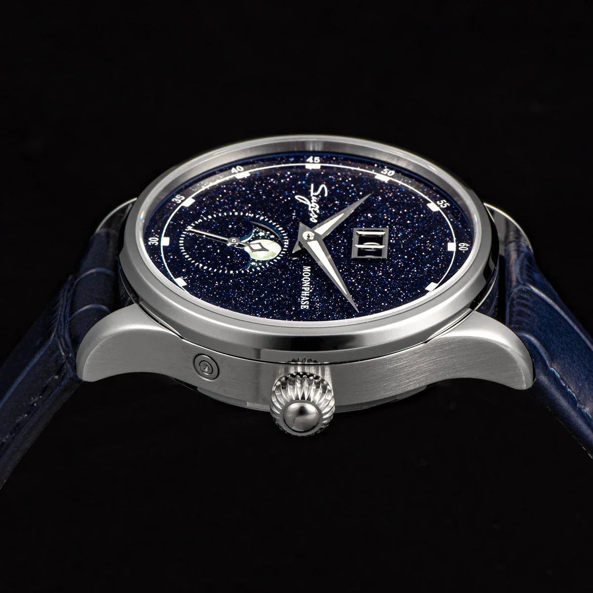 Sugess Moonphase Men’s Automatic Mechanical Watch — 40MM Stainless Steel with Seagull ST2528 Movement and Blue Sandstone Dial