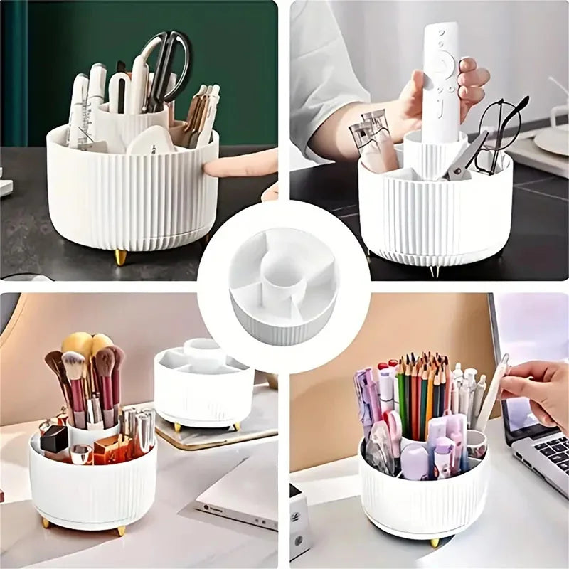 360° Rotating Makeup Organizer - 5 Compartment Plastic Cosmetic Holder for Brushes & Beauty Storage
