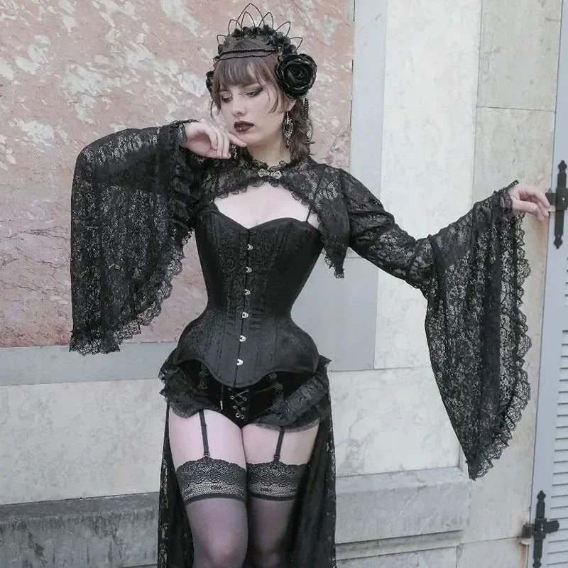 Lace Gothic See-Through Shrug Top – Black Flare Sleeve Crop Top, Vintage Punk Style for Women