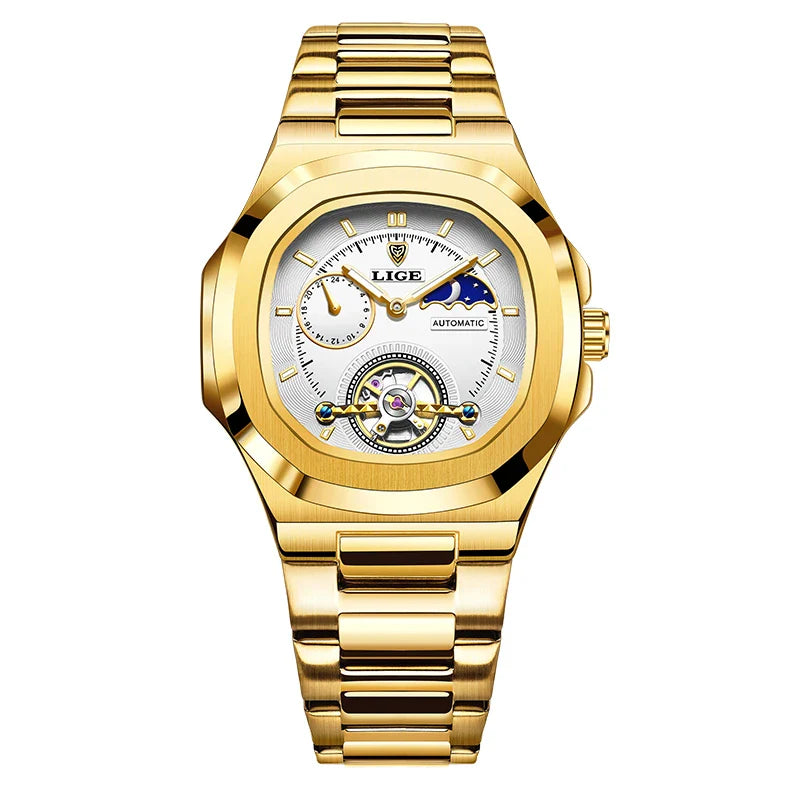 LIGE Dual Seconds Tourbillon Watch – Men's Stainless Steel Mechanical Timepiece, 24H, Night Glow, Waterproof