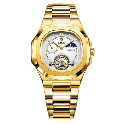 LIGE Dual Seconds Tourbillon Watch – Men's Stainless Steel Mechanical Timepiece, 24H, Night Glow, Waterproof