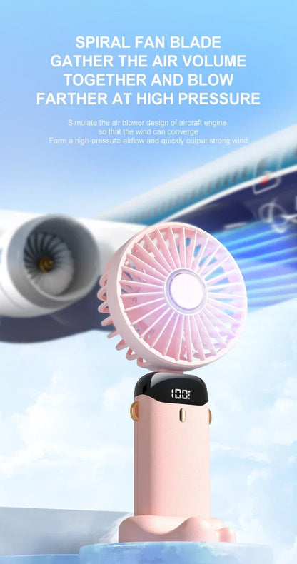 5000mAh Handheld Mini Fan – Wireless USB Rechargeable Portable Fan with Digital Display, Phone Holder, 5-Speed Foldable Neck Hanging Fan