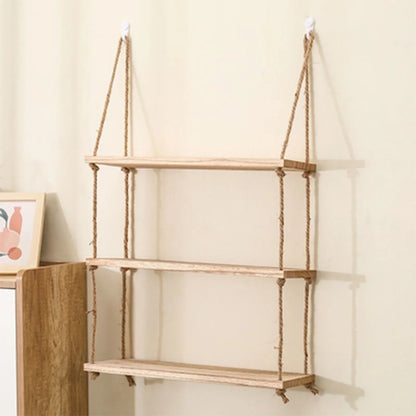 Wooden Floating Shelves for Wall | 1/2/3-Tier Plant and Flower Storage with Swing Hanging Rope | Home Living Room Decor