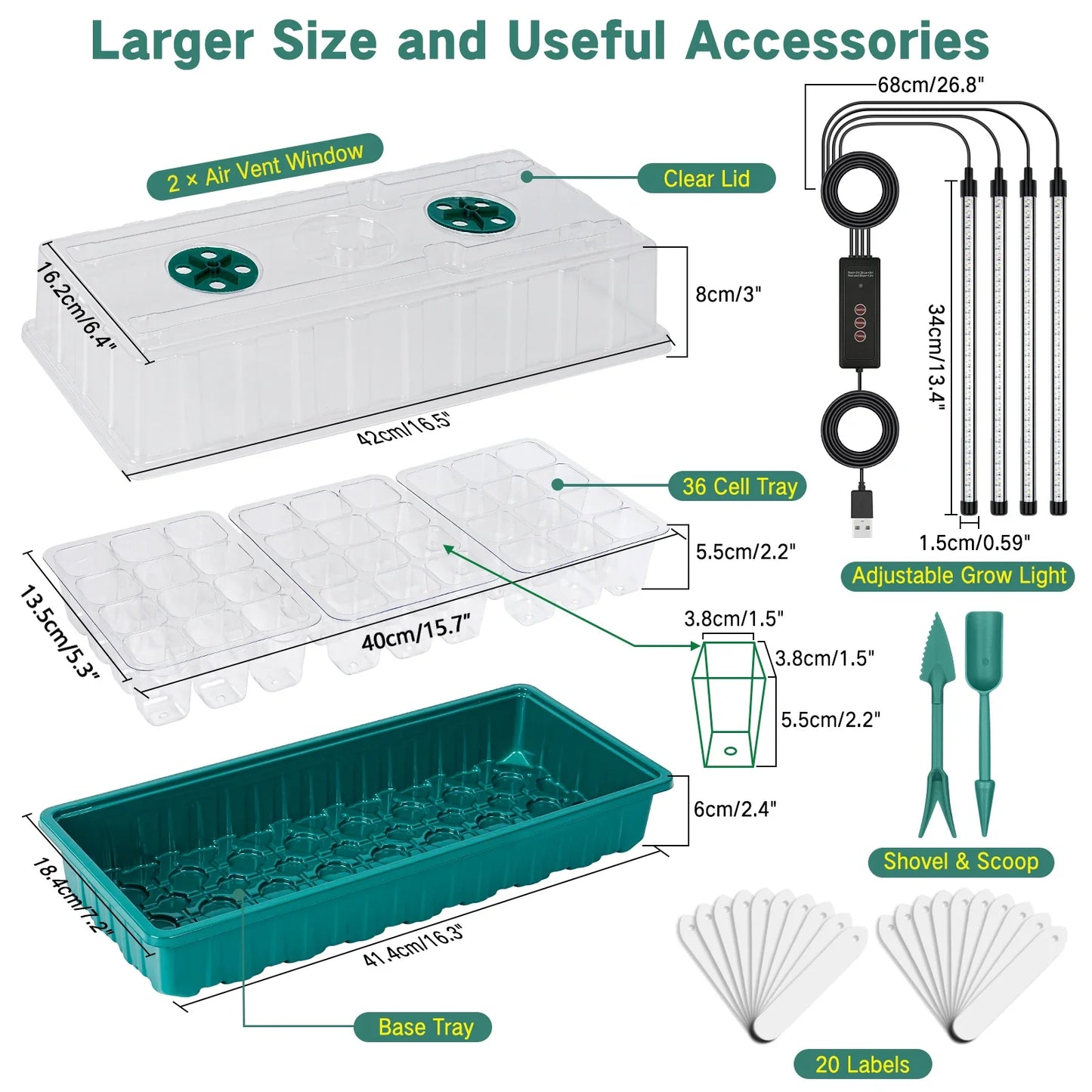 36-Cell Seed Starter Tray with Grow Light — Adjustable 3-Color Lighting, Humidity Dome for Seed Germination