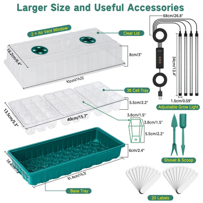 36-Cell Seed Starter Tray with Grow Light — Adjustable 3-Color Lighting, Humidity Dome for Seed Germination