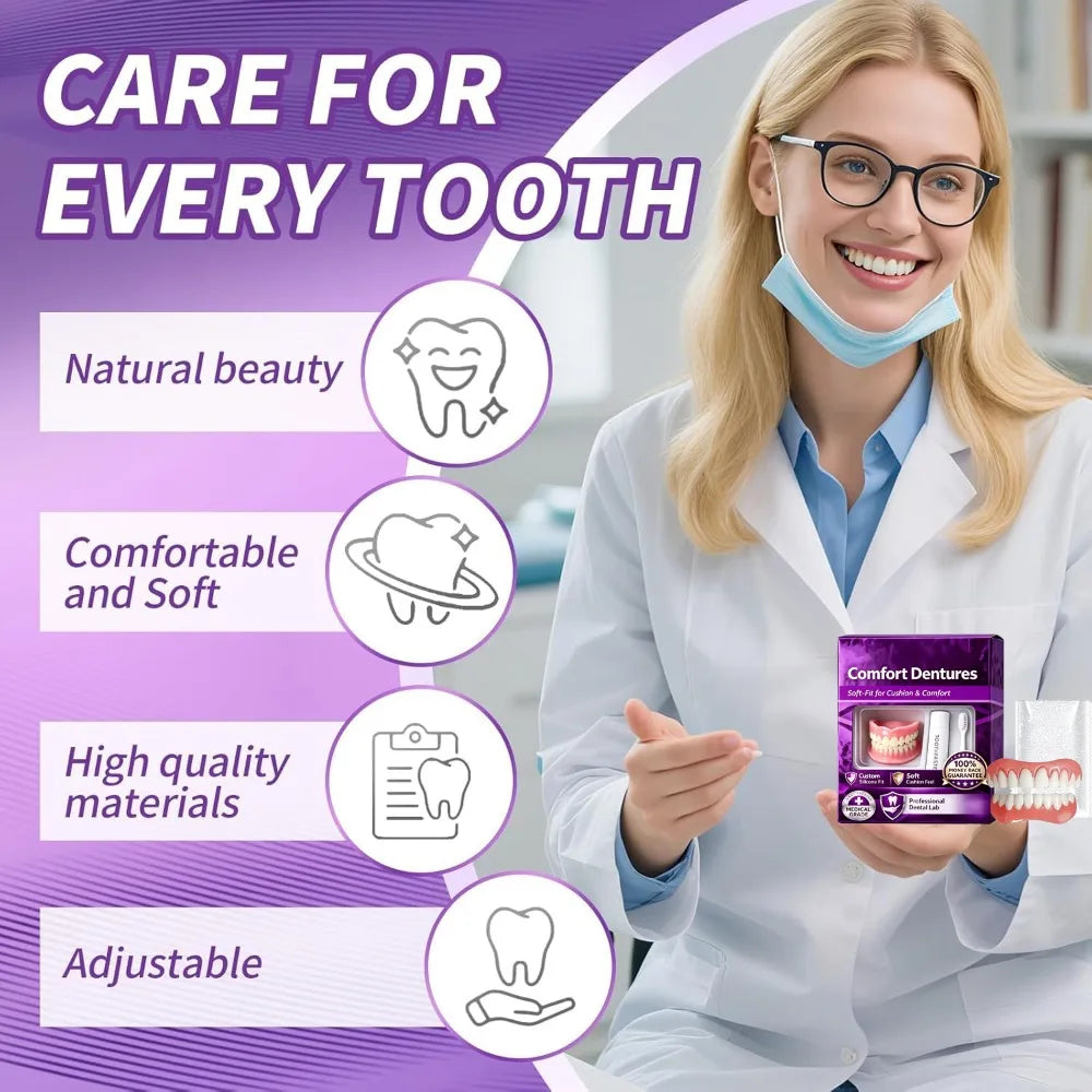 Full Set Natural Dentures - Upper & Lower Silicone Fake Teeth for Instant Smile & Oral Care