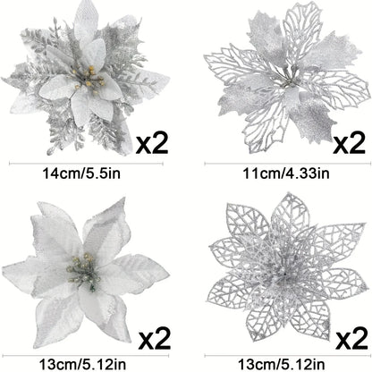 8/16PCS Glitter Artificial Christmas Flowers | Xmas Tree Decorations & Home Ornaments for 2025 New Year