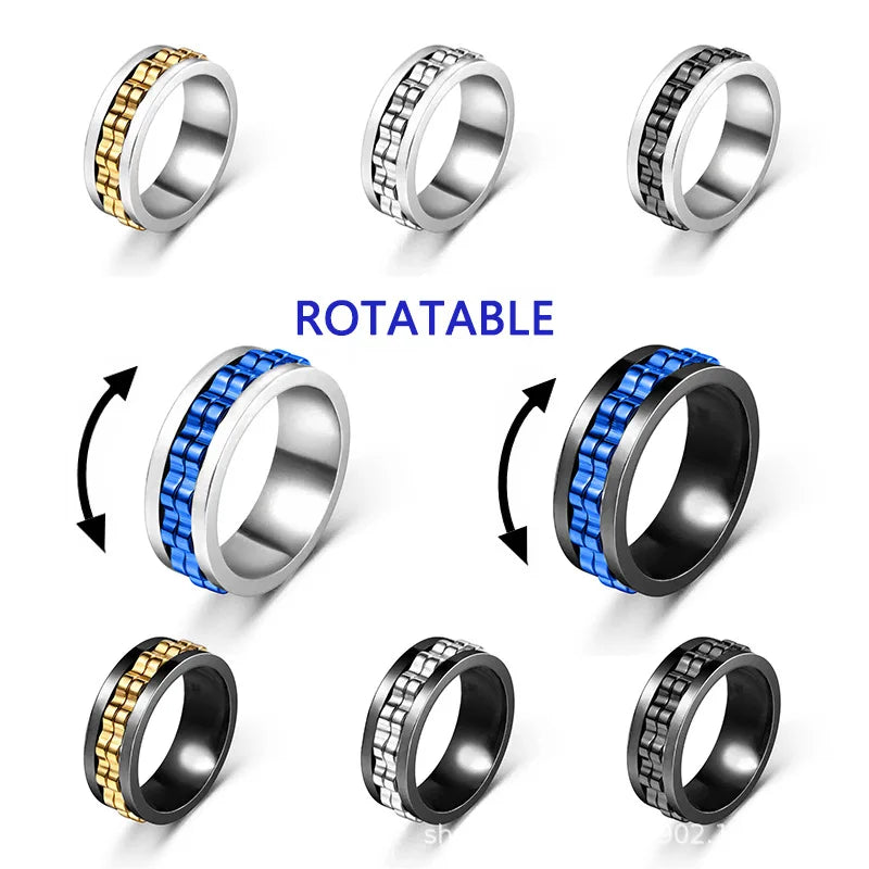 Stainless Steel Fidget Ring - Rotating Gear Chain Anti-Stress Anxiety Relief Ring for Men Size 6-13