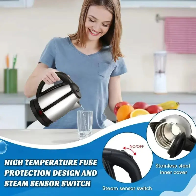 2L Travel Electric Kettle | Stainless Steel Portable Water Boiler for Tea & Coffee