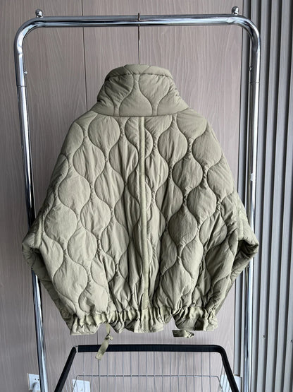 2024 ETJ Quilted Women's Coat – Beige Drawstring High Neck Jacket with Ties & Pockets