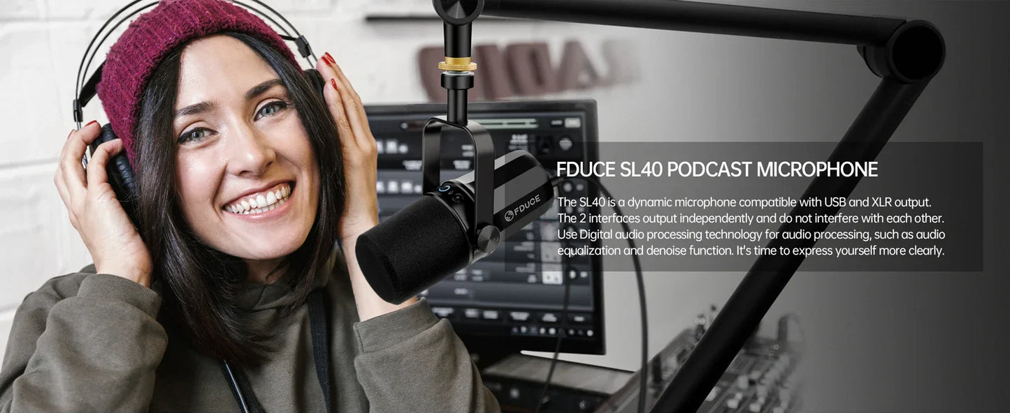 FDUCE SL40+ USB/XLR Dynamic Microphone Kit with Headset Output, Sound Insulation & Arm Stand for PC, PS5/PS4, and Mixers