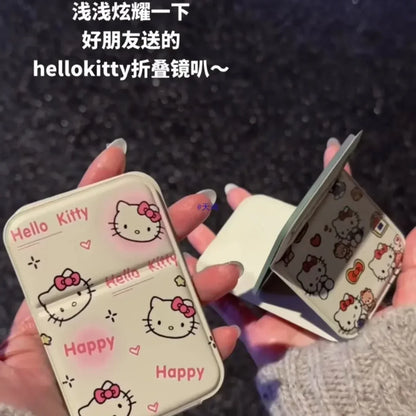 Hello Kitty Folding Makeup Mirror - Portable Mini Pocket Hand Mirror, Leather Desktop Vanity Mirror, Compact Beauty Gift