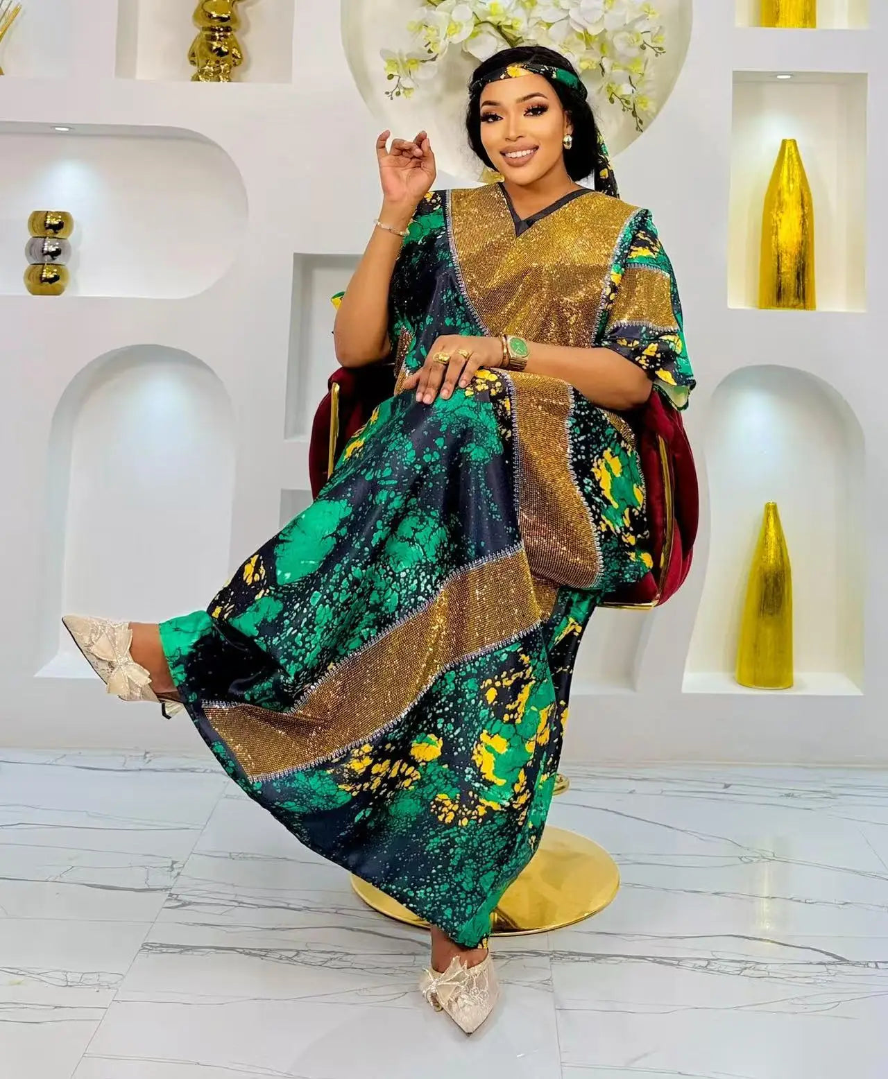 Women's African Ankara Maxi Dress - Loose Summer Long Print Short Sleeve