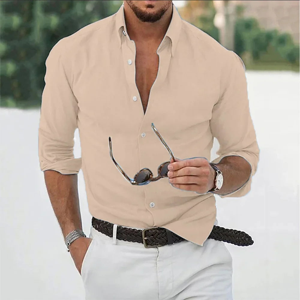 Men’s Cotton Linen Long Sleeve Shirt - Loose Fit Solid Color Casual Lapel Streetwear Top for Autumn