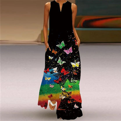 Vintage Boho Maxi Dress - Women's Summer V Neck Sleeveless Long Sundress with Pockets