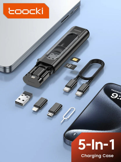 Toocki 5-in-1 OTG Adapter Kit – USB-C/Micro/Lightning Multi Converter with SIM & TF Card Storage Case, Compact Data & Charging Adapter for iPhone & Samsung Devices
