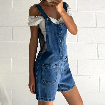Women's Denim Bib Overall Shorts - Button Front Wide Leg Jean Jumpsuit with Pockets