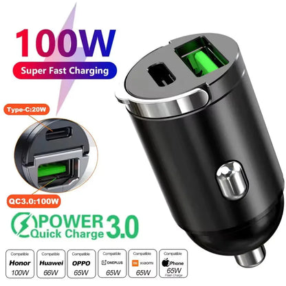100W/200W Fast Car Charger - QC3.0 PD USB Type C Adapter for Xiaomi Samsung Huawei iPhone & 12-24V Vehicles
