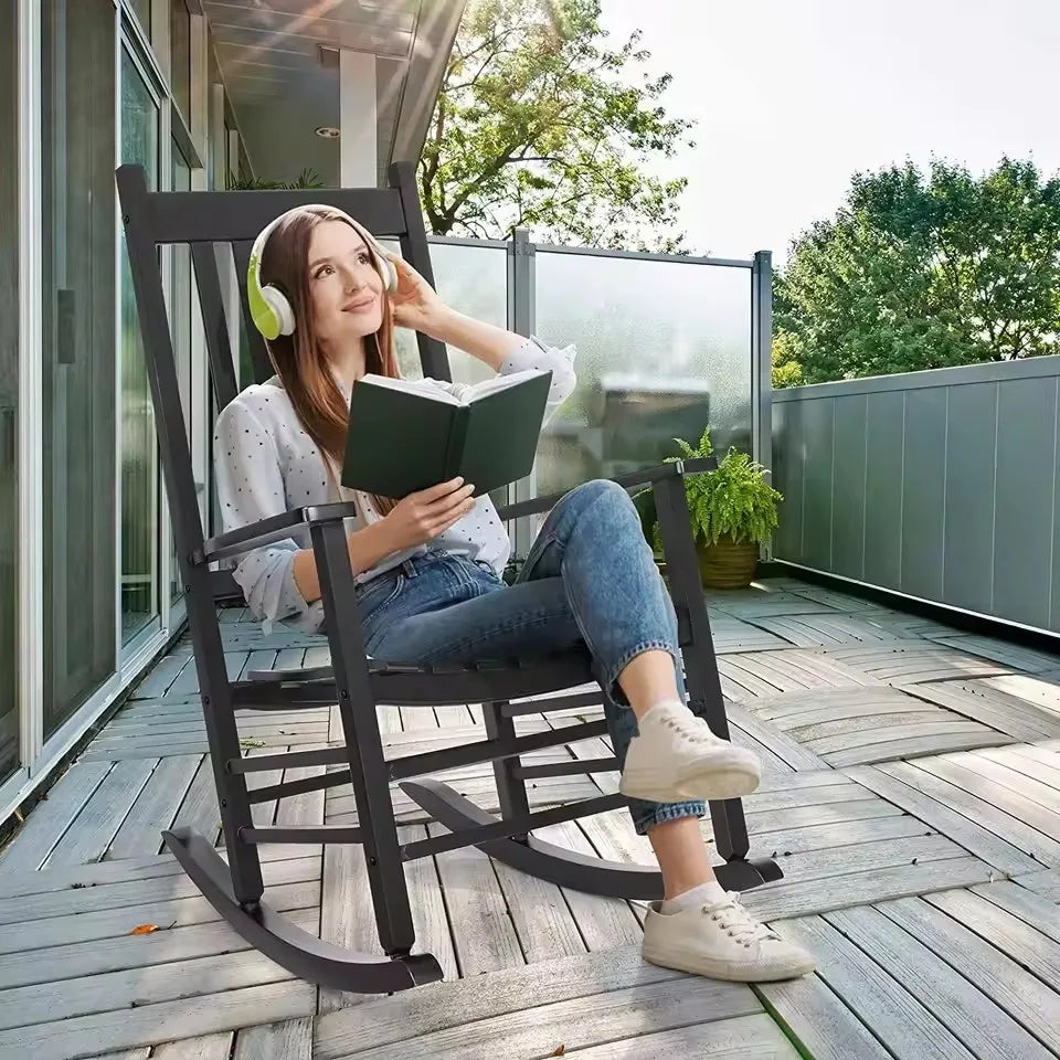 Wooden Porch Rocking Chair – High Back Outdoor Rocker for Adults, Patio & Garden Seating