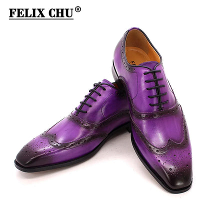 Men's Handmade Wingtip Oxford Shoes - Genuine Calfskin Leather Brogue Dress Shoes