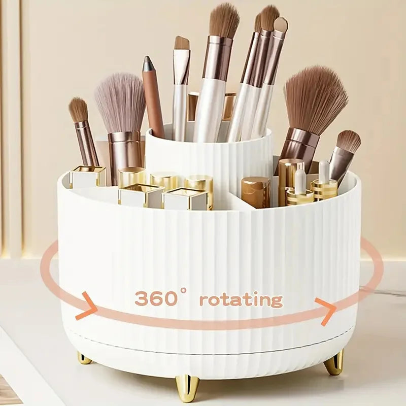 360° Rotating Makeup Organizer - 5 Compartment Plastic Cosmetic Holder for Brushes & Beauty Storage