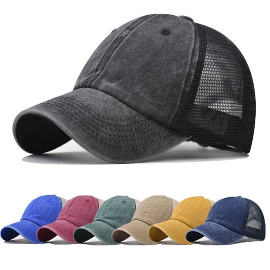 Vintage Washed Cotton Cap - Denim Mesh Baseball Hat with UV Protection for Women