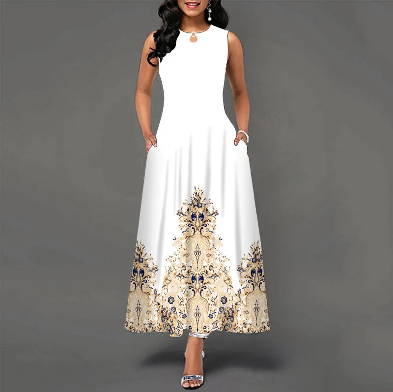 Women’s Loose Floral Vintage Maxi Dress – Ruffled Hole Summer Camis Big Size Elegant Party Dress