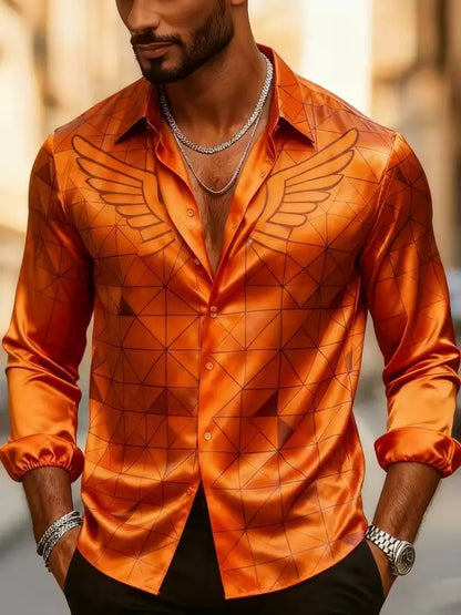 Men’s Geometric Diamond Wings Shirt - Orange Bottom Printed Long Sleeve Satin Collar Dress Shirt