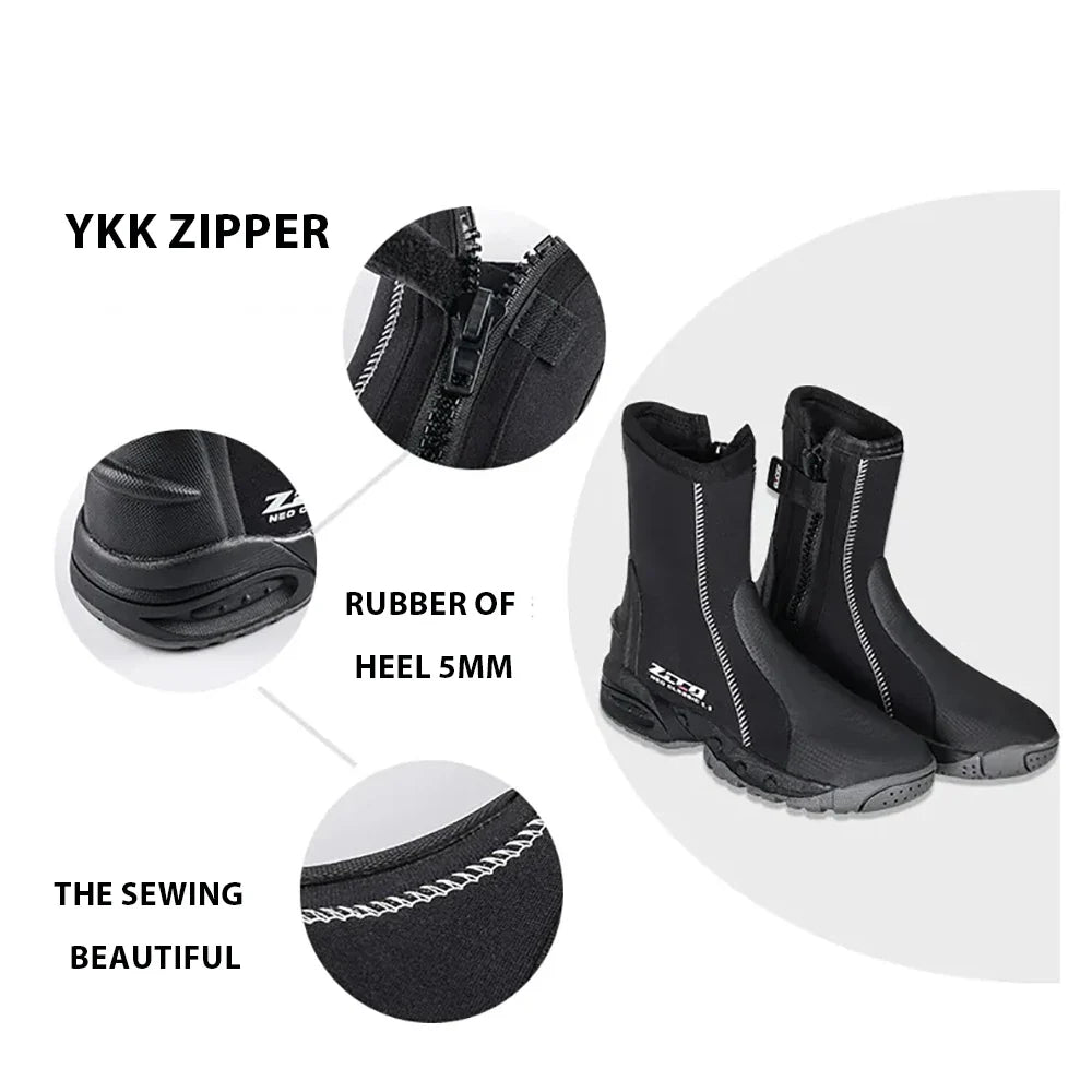 5mm Neoprene Dive Boots with Side Zipper – Wetsuit Shoes for Men & Women, Snorkeling & Scuba Diving Water Sports Accessories