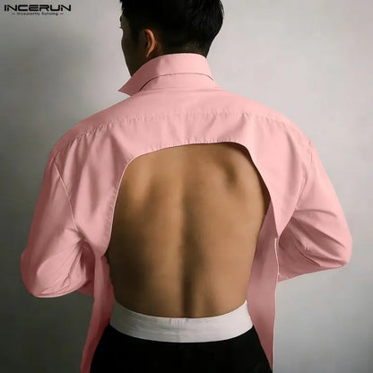 Men’s Lace Up Hollow Out Shirt - Long Sleeve Lapel Streetwear Top for Fashion Parties and Casual Style