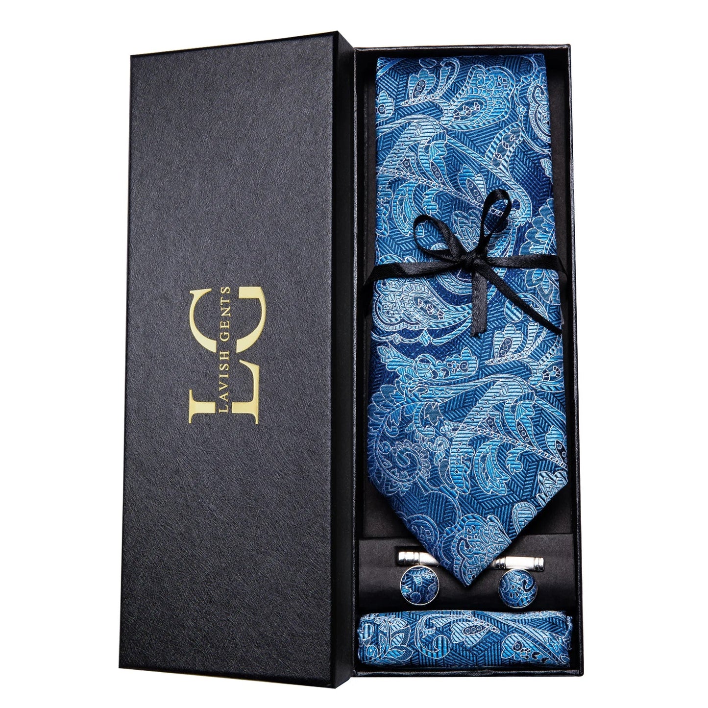 Hi-Tie Luxury Paisley Teal Green Tie Set - Men’s Classic Necktie with Handkerchief & Cufflinks Gift Box for Wedding & Formal Wear