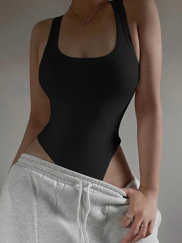Sleeveless Knit Bodysuit for Women – Sexy Off-Shoulder Halter Bodycon Top, Casual Clubwear Summer Street Style