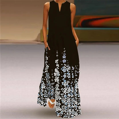 Women’s Retro V-Neck Summer Dress - Sleeveless Printed Maxi Swing Skirt with Loose Comfortable Fit
