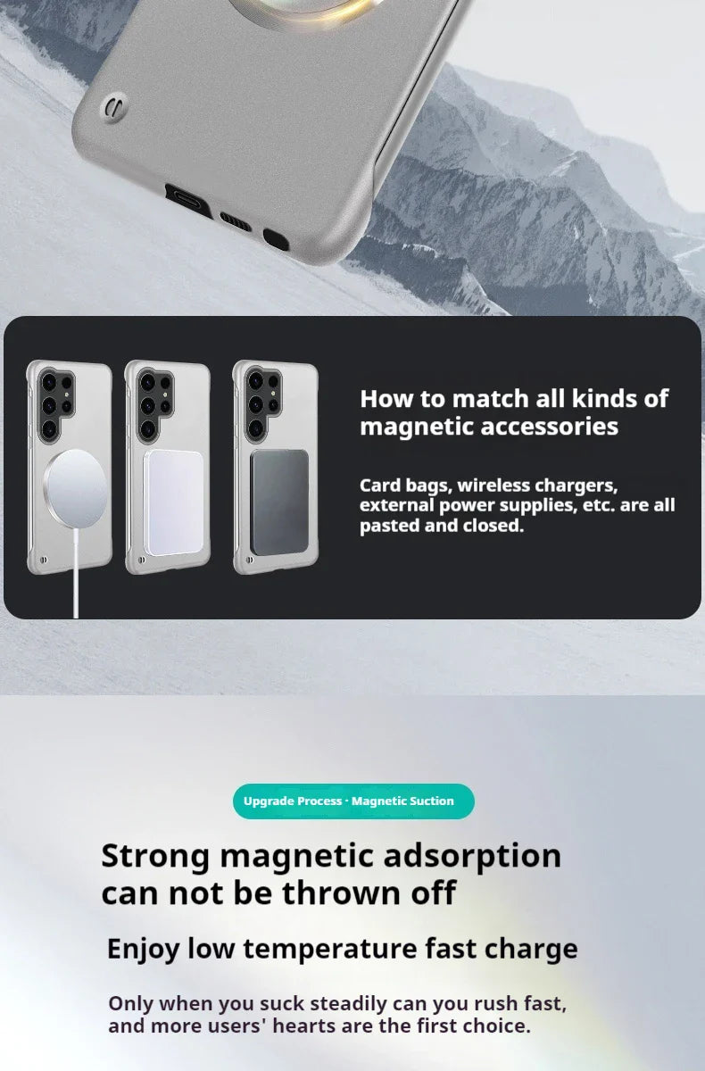 Ultra Thin Magnetic Metal Case for Samsung S25/S24 Ultra, S23/S22 FE – Frameless Matte PC Cover with MagSafe Compatibility