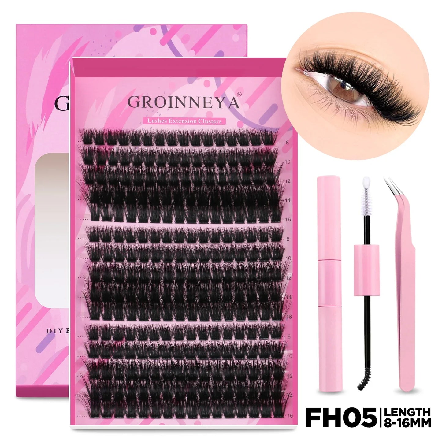 GROINNEYA DIY Lash Extension Kit – Individual & Cluster Lashes Full Set with Lash Bond and Seal for At-Home Use