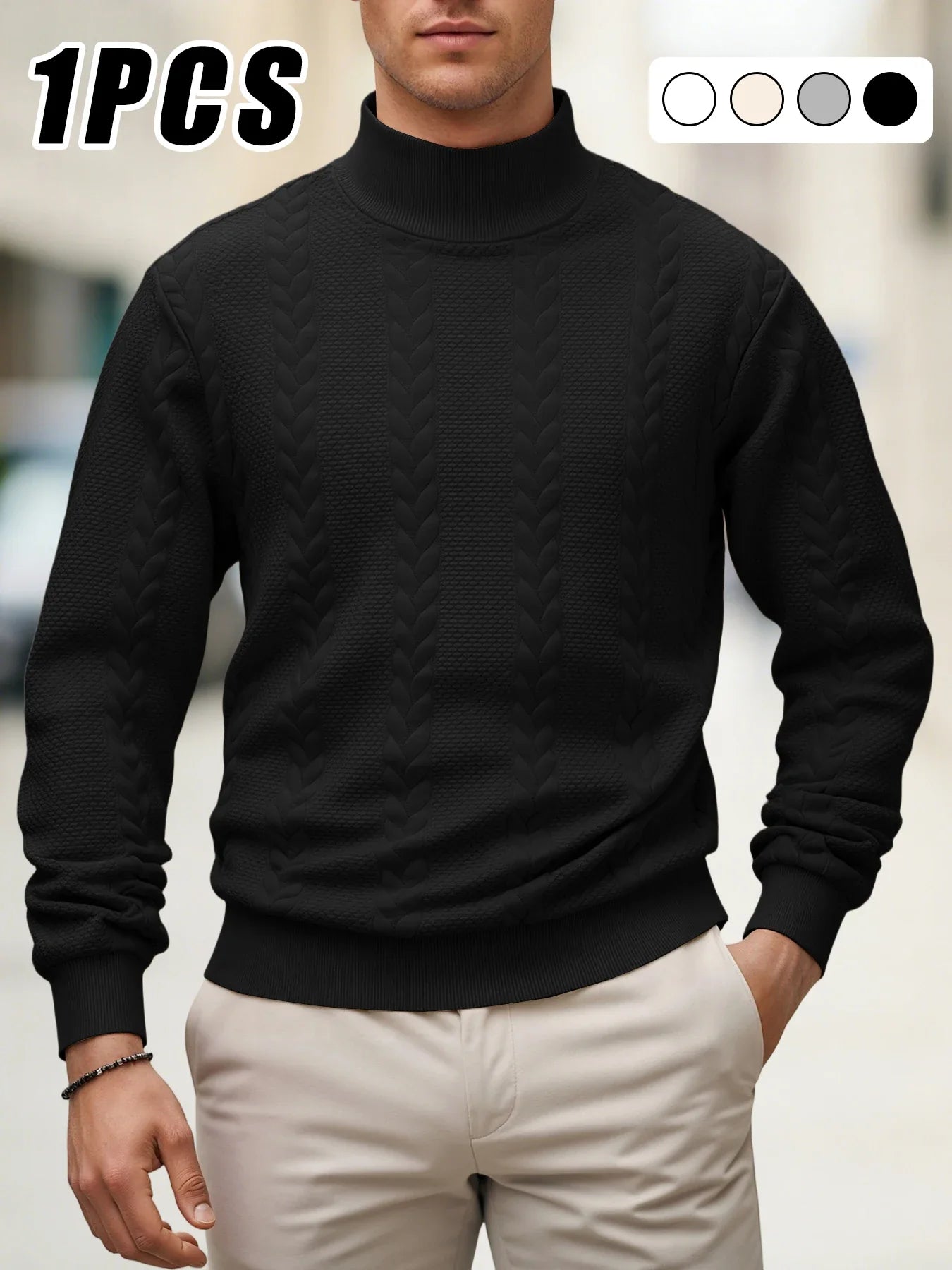Men's Autumn Winter Thick Knit Sweater - Solid Color Mock Neck Slim Fit Warm Casual Pullover Top