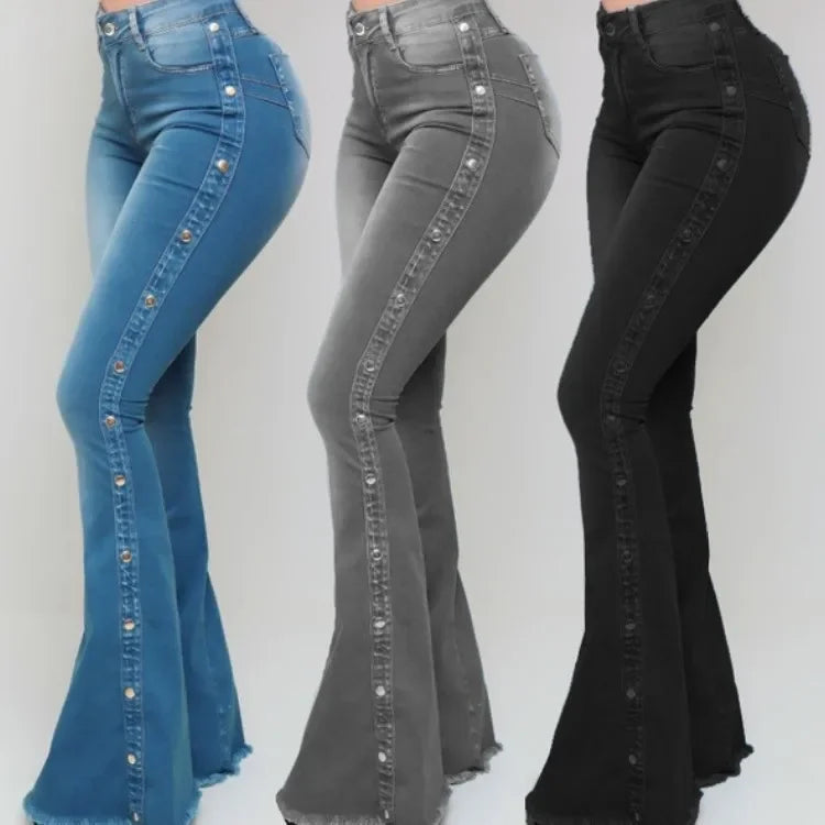 High Waist Stretch Flare Jeans - Vintage Button Front Floor Length Women's Denim Pants