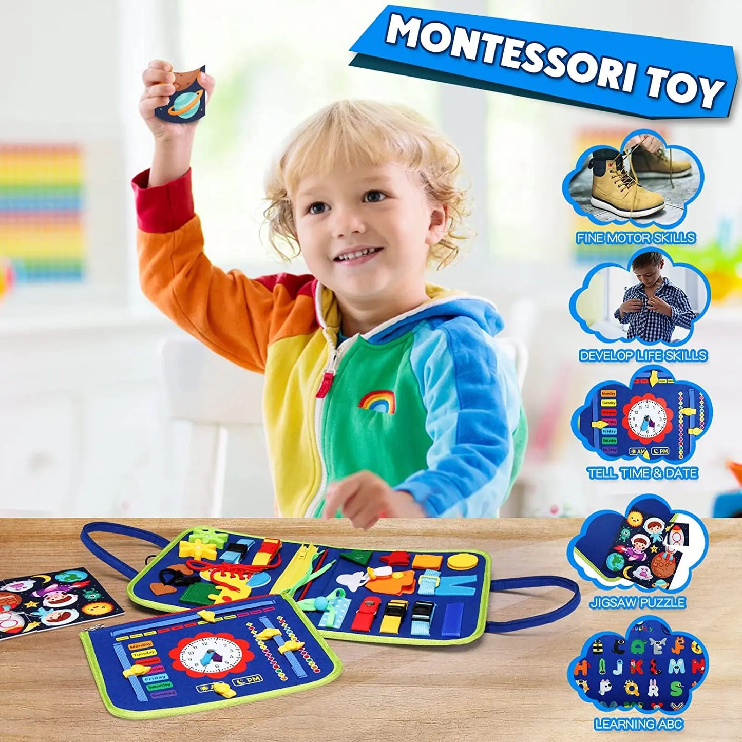 Montessori Toddler Busy Board – Educational Activity for Basic Dress Motor Skills, Baby Learning Toy for Travel