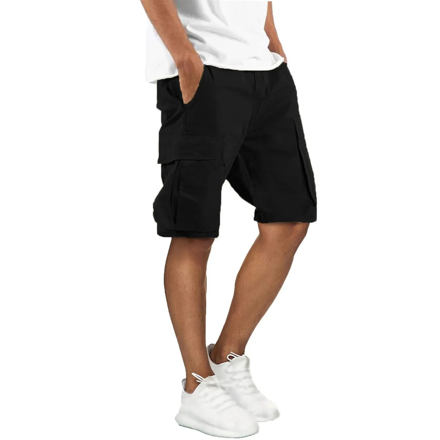 Men's Multi-Pocket Cargo Shorts - Loose Fit Drawstring Waist Knee-Length Summer Outdoor Casual Pants