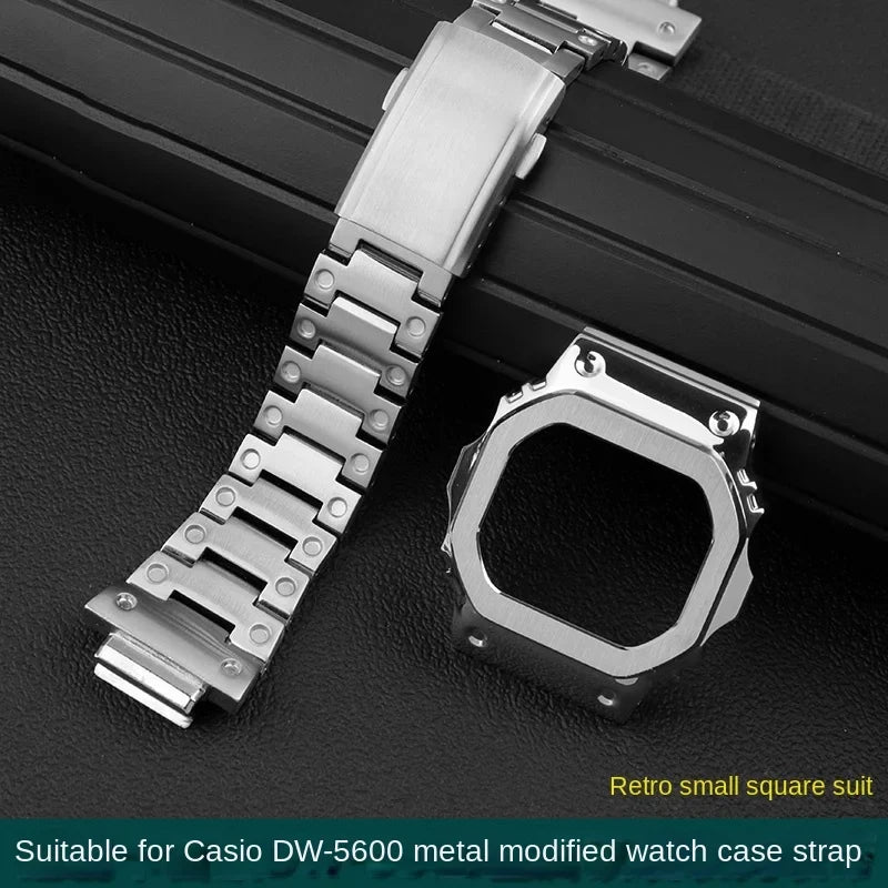 Casio G-SHOCK DW5600 Mod Kit - Stainless Steel Case Bezel & Metal Strap Replacement Set for GW-M5610/GW-B5600