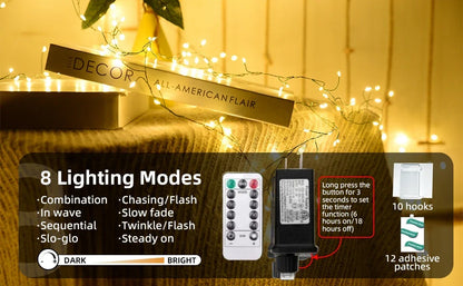 Outdoor Remote Control Copper Wire Lights — Starry Sky & Flower Wreath Decorative String Lights for Christmas & Holidays
