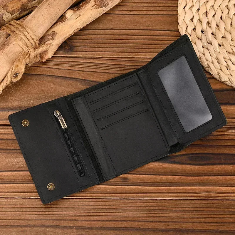Men’s Genuine Leather Short Wallet with Chain – Trifold Zipper Clutch, Card Holder & Coin Purse