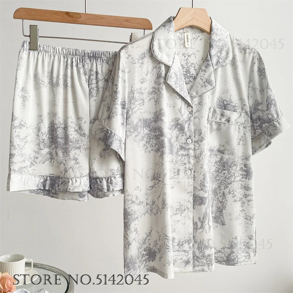Fashion Floral Print Satin Pajamas Set for Women – Spring Summer Loose Sleepwear Loungewear Homewear Suit